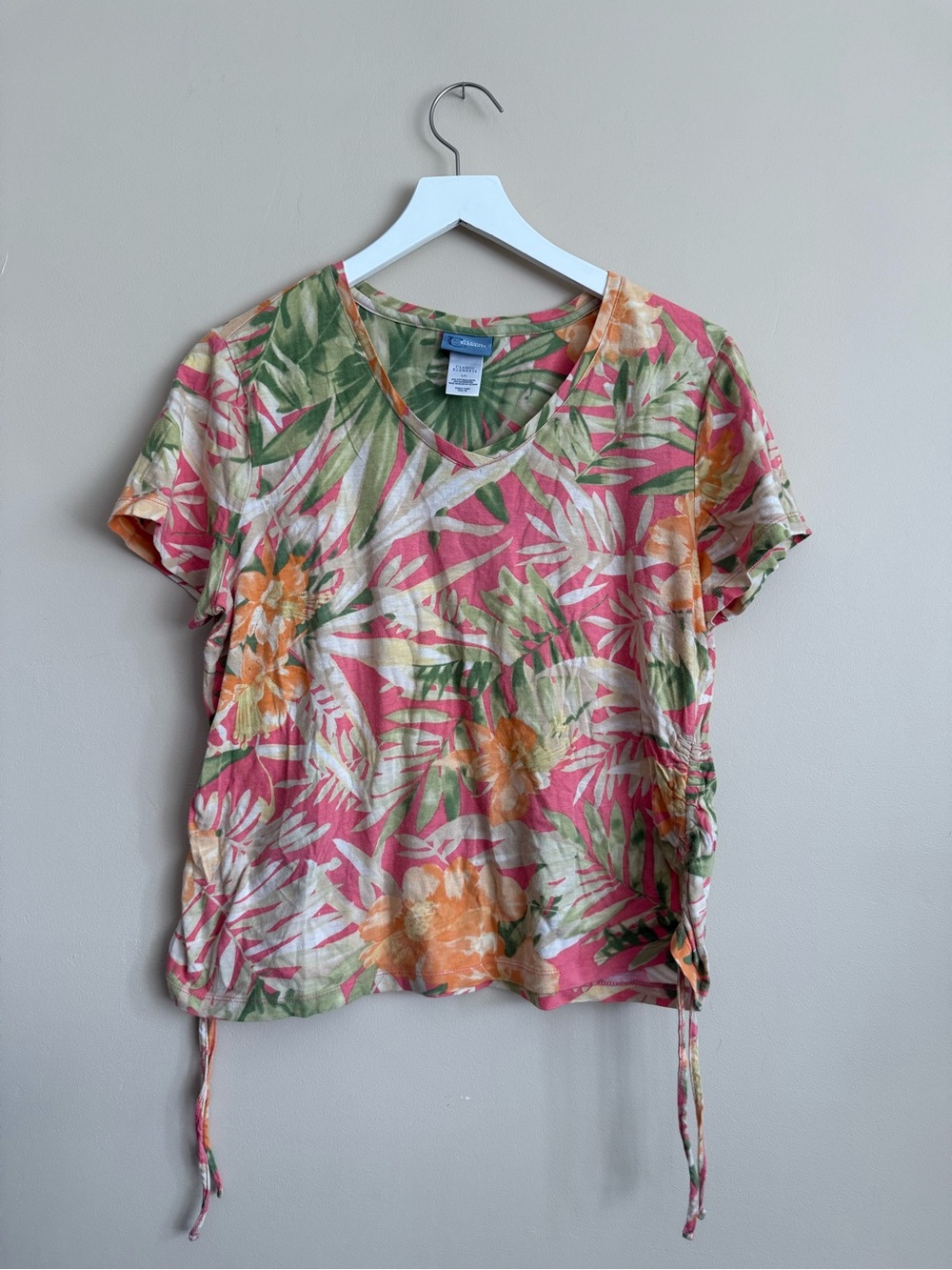Classic Elements Pink Tropical Print V-Neck Short Sleeve Top size Large